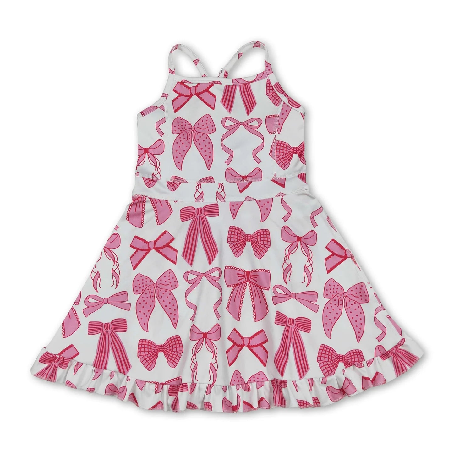 RTS NO MOQ Sibling yoga fabric Baby Girls Colorful Bow Sleeveless Strap Ruffle Yoga Dresses