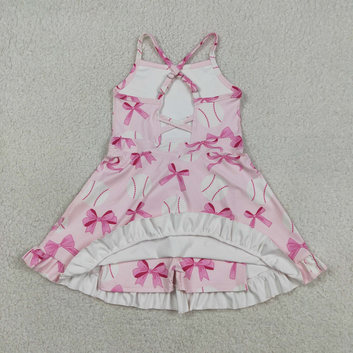 RTS NO MOQ Sibling Summer Baseball Strap Pink Bows Knee Length Yoga Casual Dress