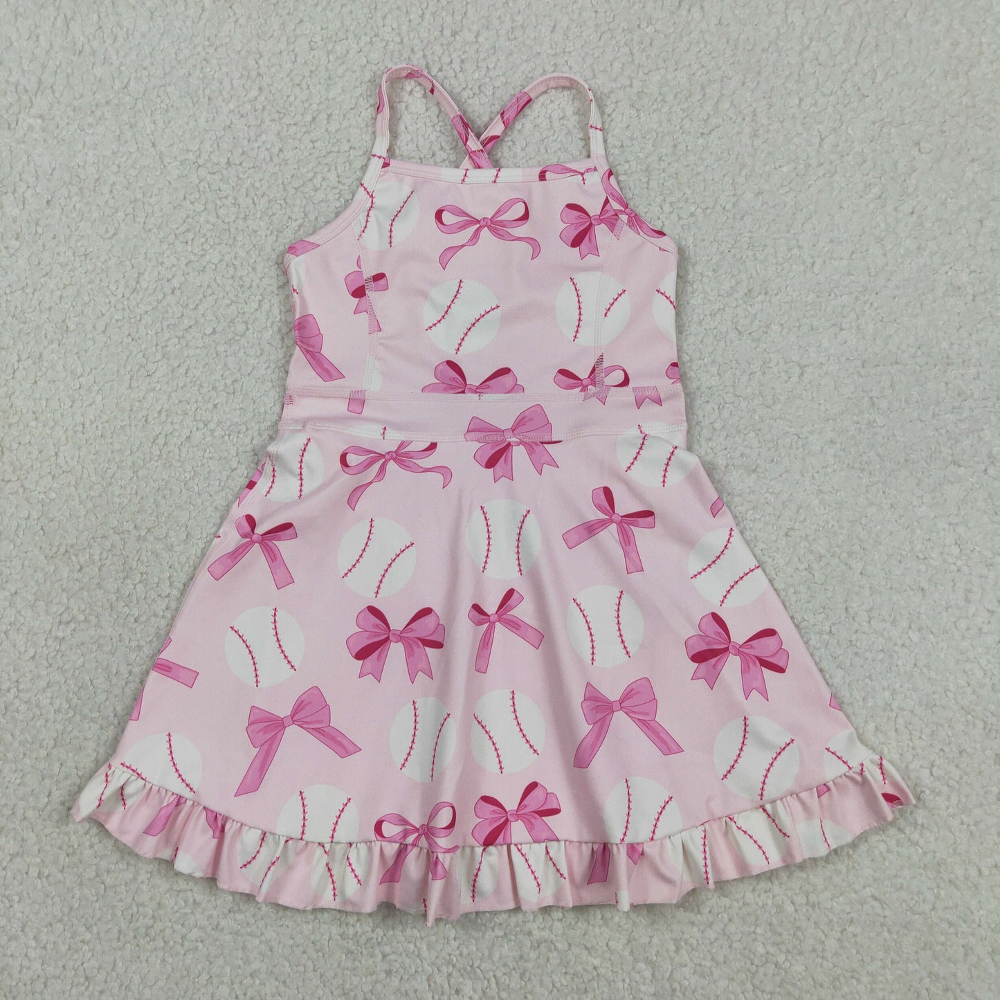RTS NO MOQ Sibling Summer Baseball Strap Pink Bows Knee Length Yoga Casual Dress