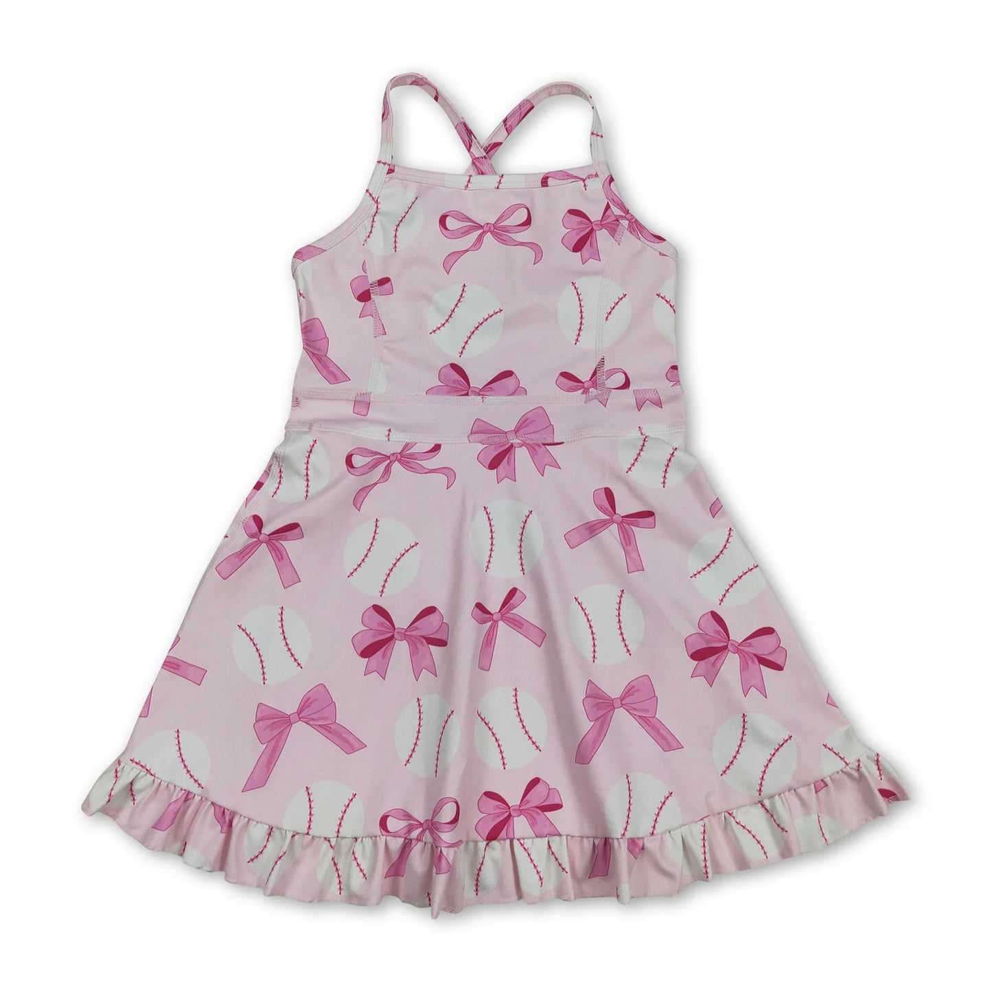 RTS NO MOQ Sibling yoga fabric Baby Girls Pink Bow Strap Yoga Casual Knee Length Dresses