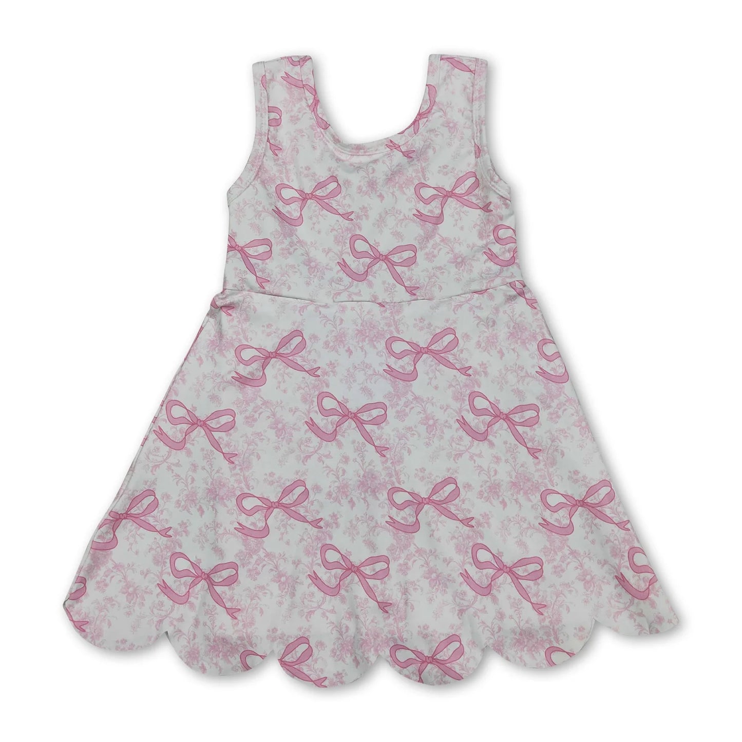 RTS NO MOQ Sibling yoga fabric Baby Girls Bow Scallop Trim Knee Length Athletic Short Dress