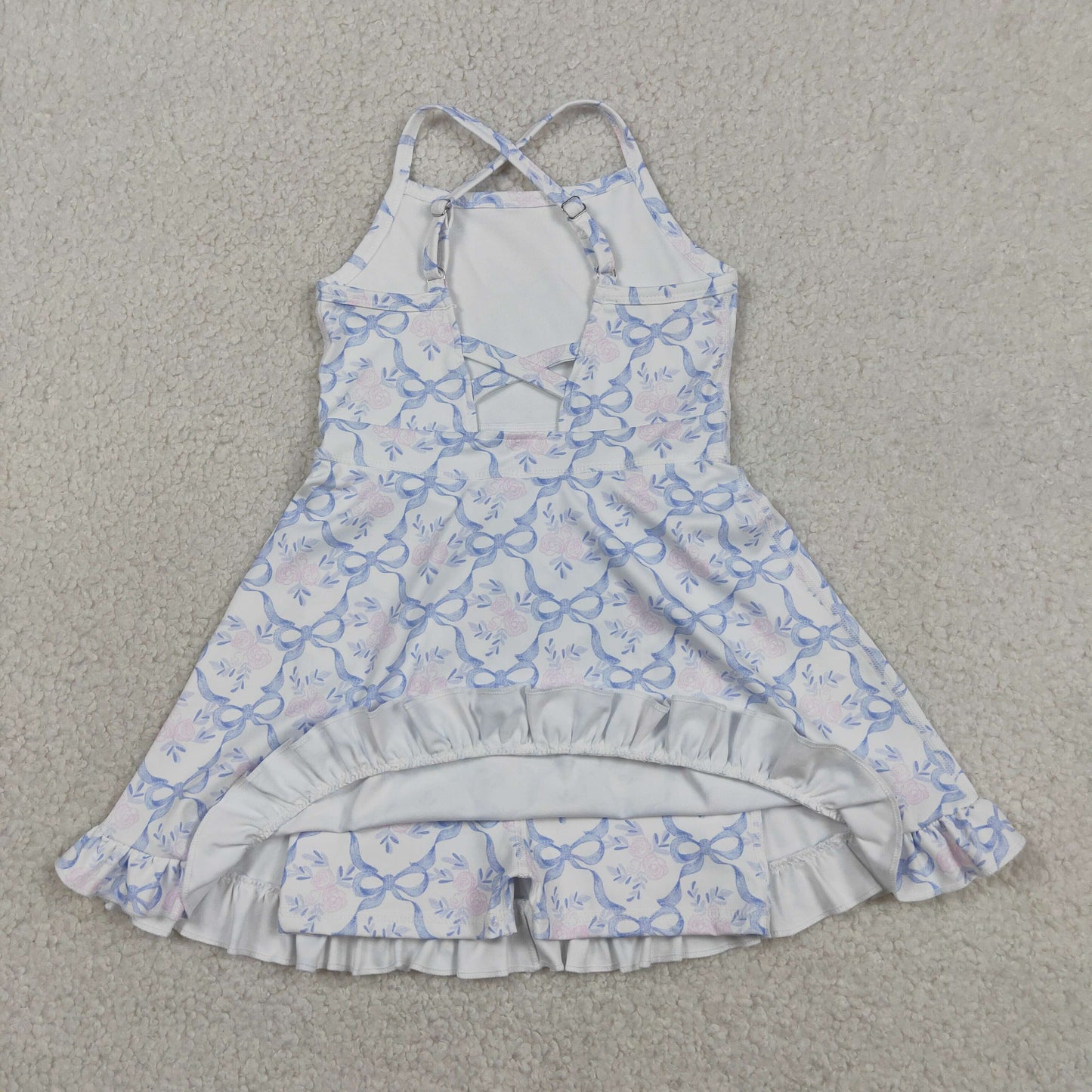 RTS NO MOQ GSD2580 Baby Girls Summer Strap Floral Blue Bow Ruffle Athletic Yoga Dress（12-18M-14-16T）