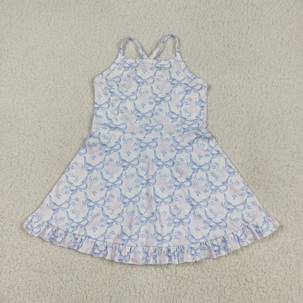 Best Sell RTS Baby Girls Strap Blue Bows Floral Ruffle Yoga Athletic Dress Cute Toddler Outfit Comfortable Stretchy Skirt with Tulle