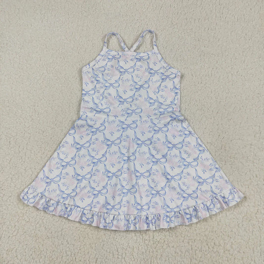 Best Sell RTS Baby Girls Strap Blue Bows Floral Ruffle Yoga Athletic Dress Cute Toddler Outfit Comfortable Stretchy Skirt with Tulle