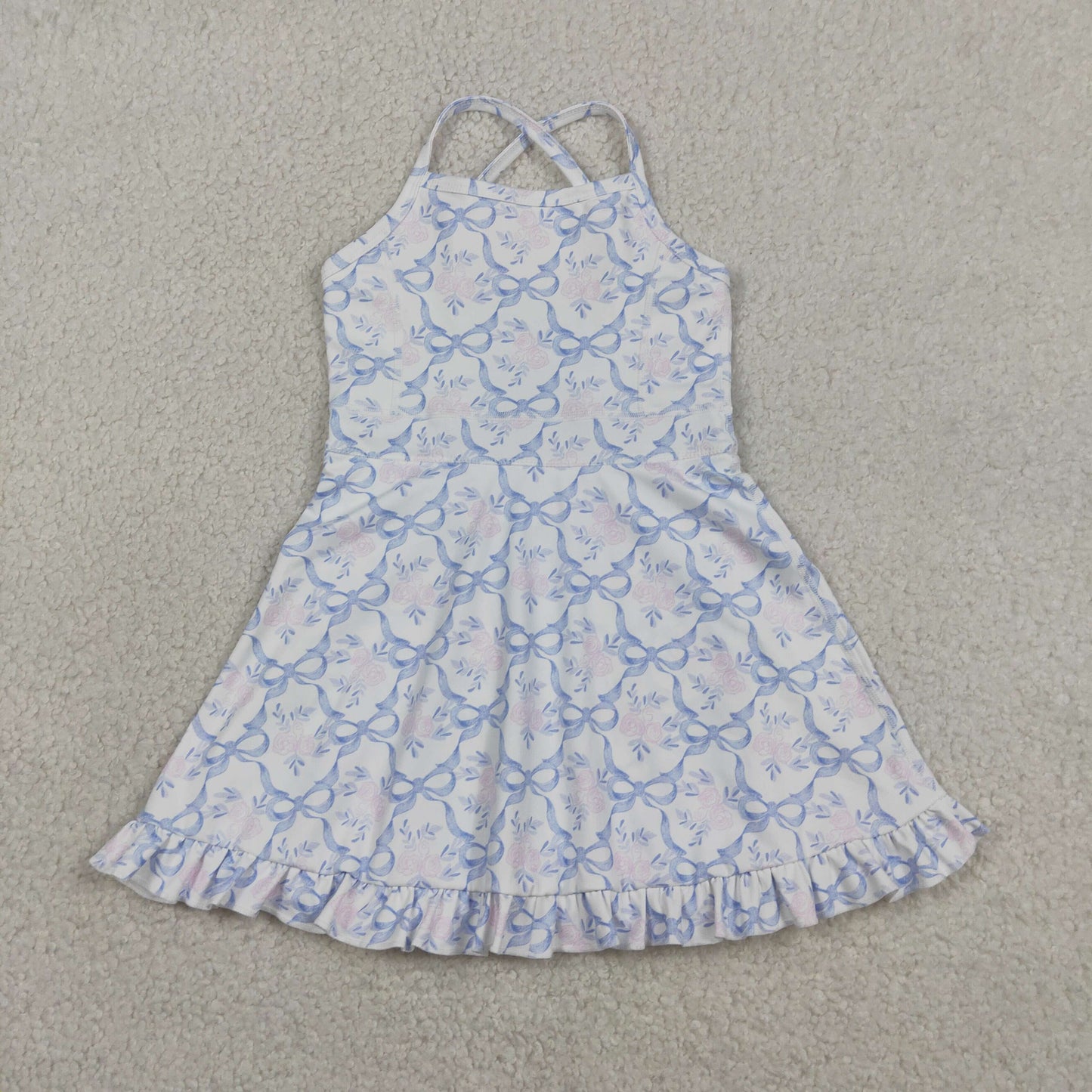 RTS NO MOQ GSD2580 Baby Girls Summer Strap Floral Blue Bow Ruffle Athletic Yoga Dress（12-18M-14-16T）