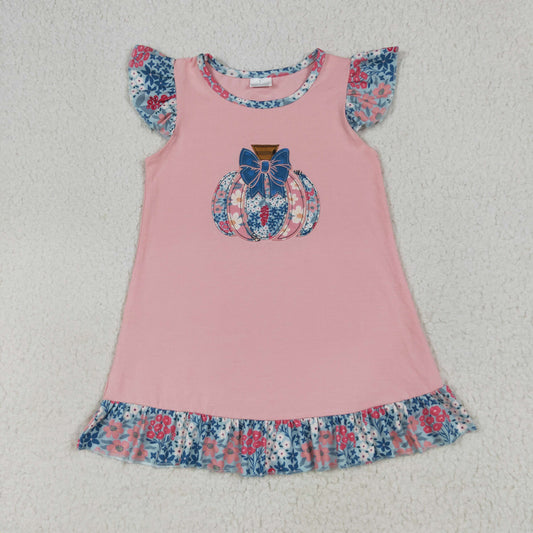 RTS NO MOQ（In Stock）GSD2585 Embroidered flower bow pumpkin pink flying sleeve dress