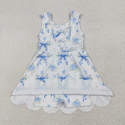 RTS NO MOQ Sibling Baby Girls Sleeveless Flower Bows Yoga Active Shorts Knee-Length Dresses