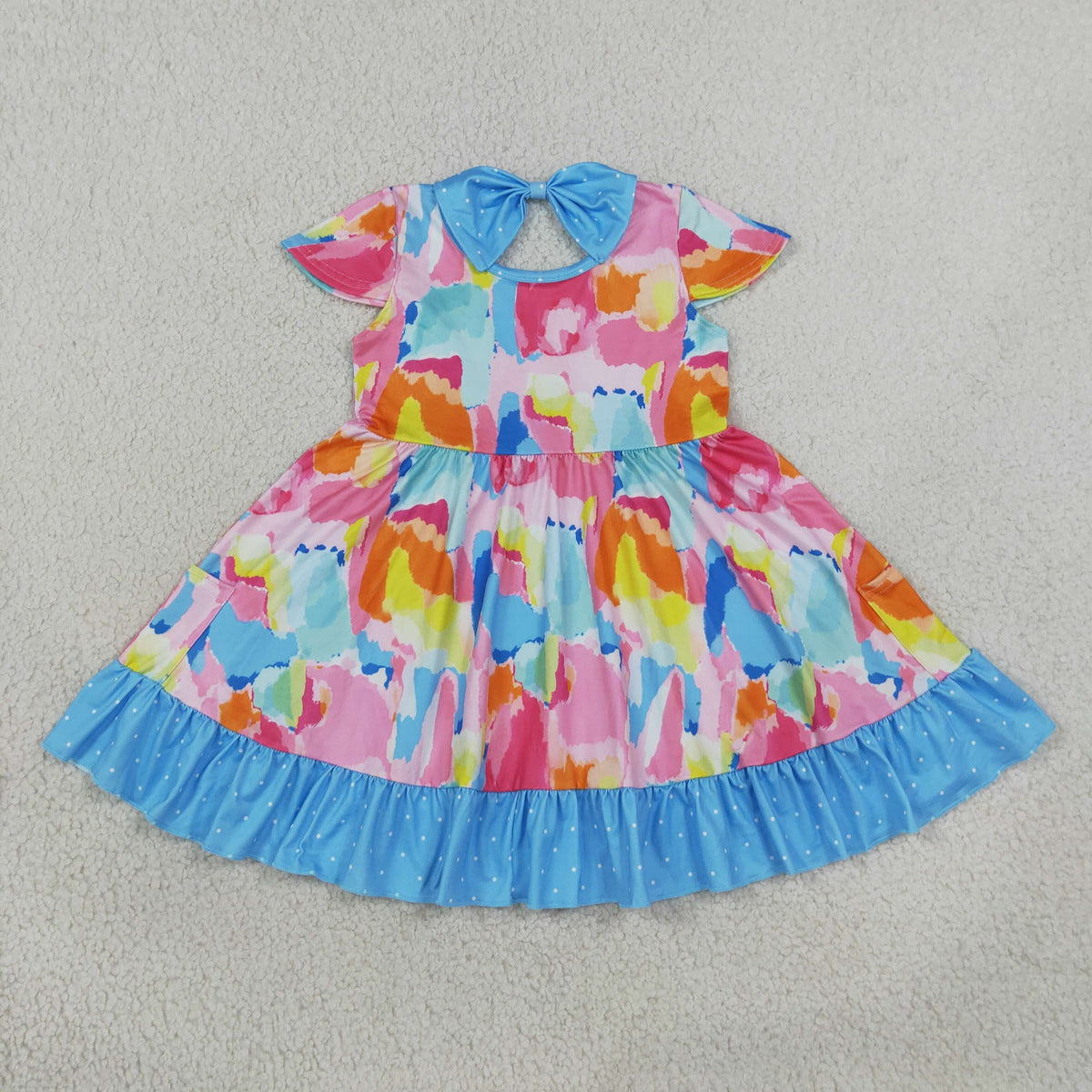 NEW RTS NO MOQ milk silk GSD2610 Baby Girls Cute Short Sleeve Watercolor Camo Print Ruffle Trim Pocket Knee Length Dress