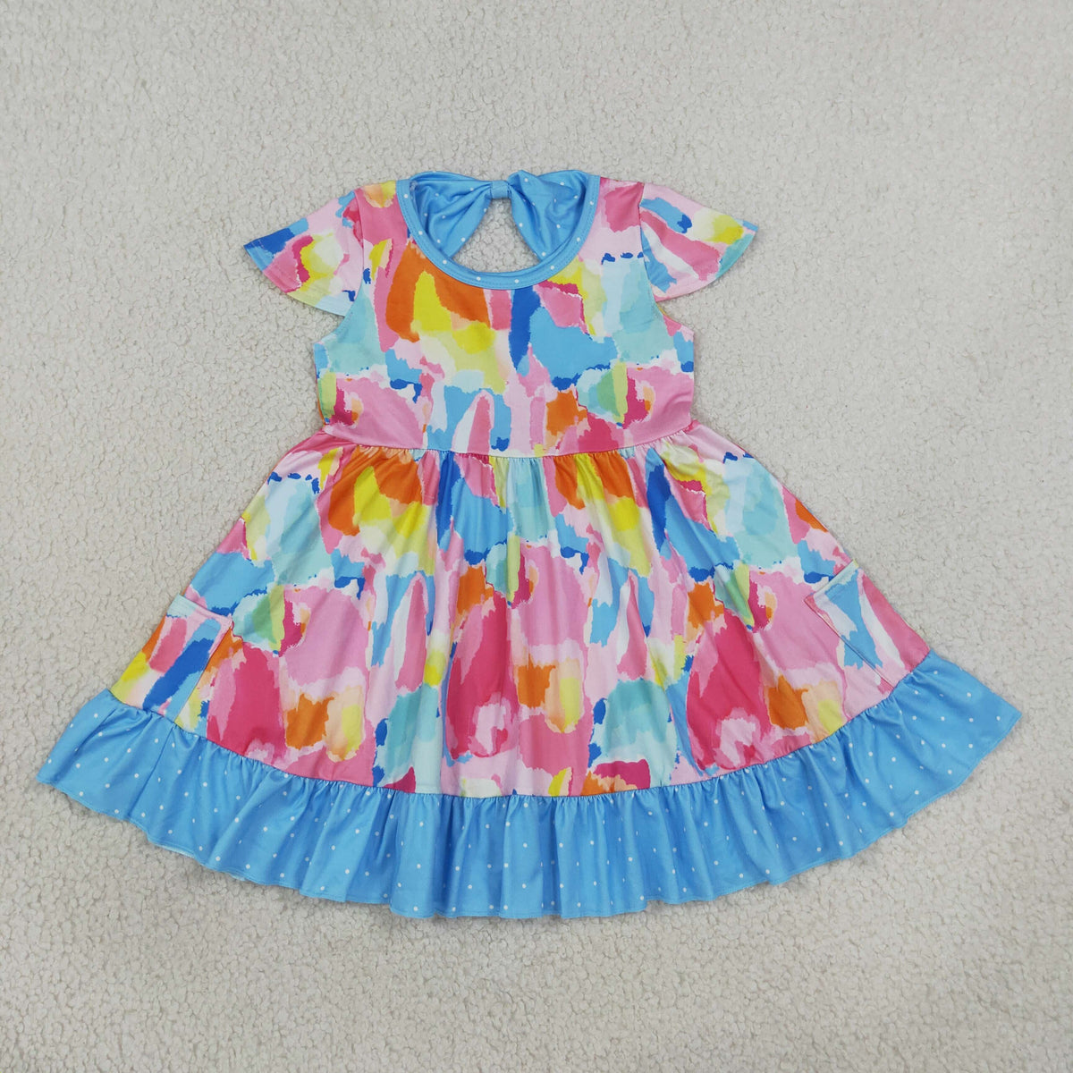 RTS NO MOQ Sibling milk silk Baby Girls Short Sleeves Tie‑dye Print Pockets Ruffle Knee Length Dresses