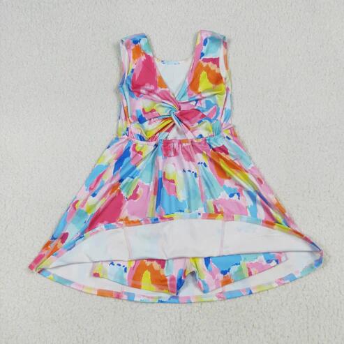 RTS NO MOQ Sibling Baby Girls Sleeveless Flower Bows Yoga Active Shorts Knee-Length Dresses