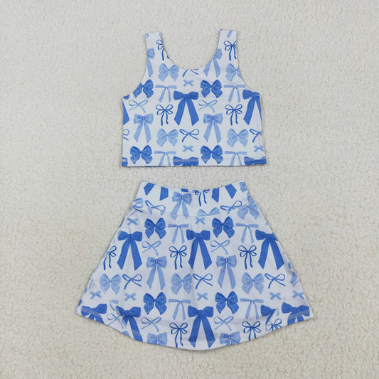 RTS NO MOQ（In Stock ) GSD2640 Blue bow pattern sleeveless pants skirt yoga set