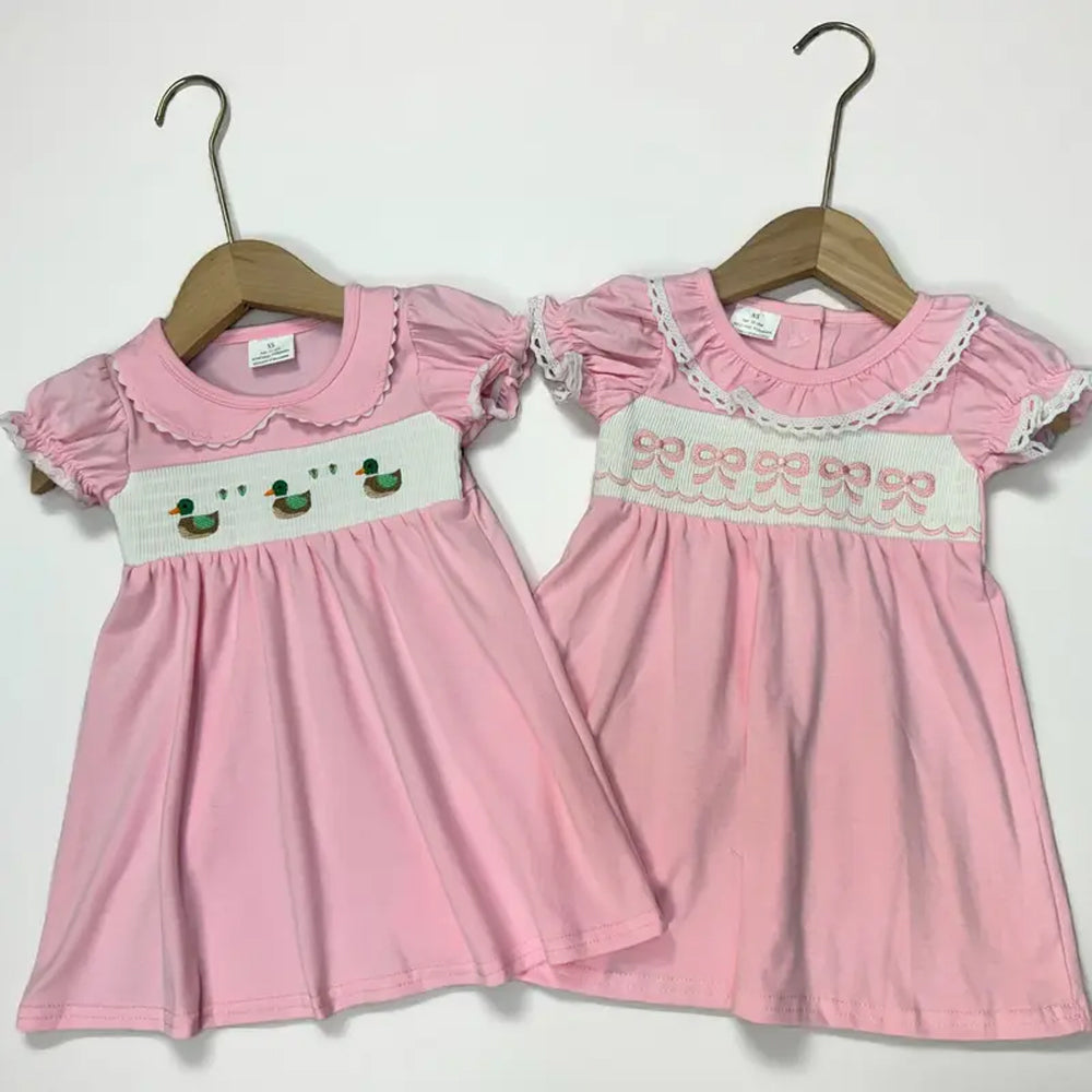 RTS Sibling baby girls clothes embrodiery bow floral short sleeve dresses