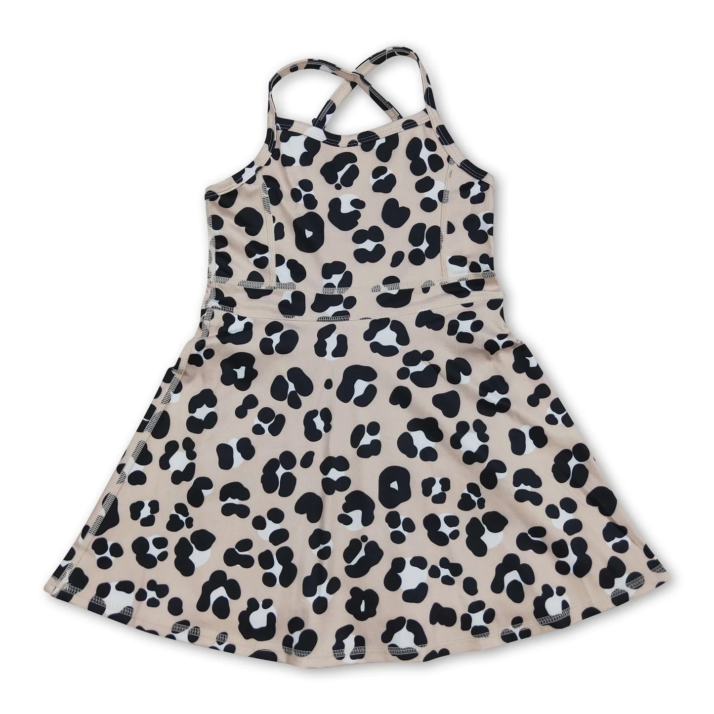RTS NO MOQ Sibling yoga fabric Baby Girls Fashion Leopard Strap Knee Active Wear Dresses