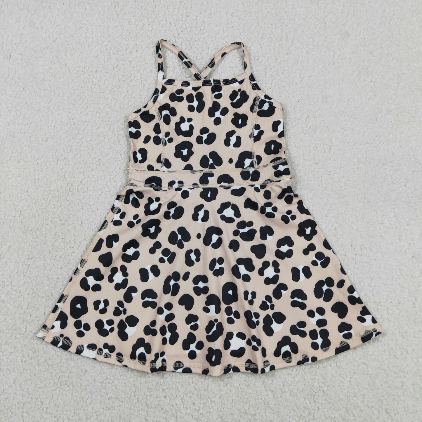 RTS NO MOQ GSD2650 yoga fabric Baby Girls Fashion Strap Leopard Yoga Knee Length Dresses