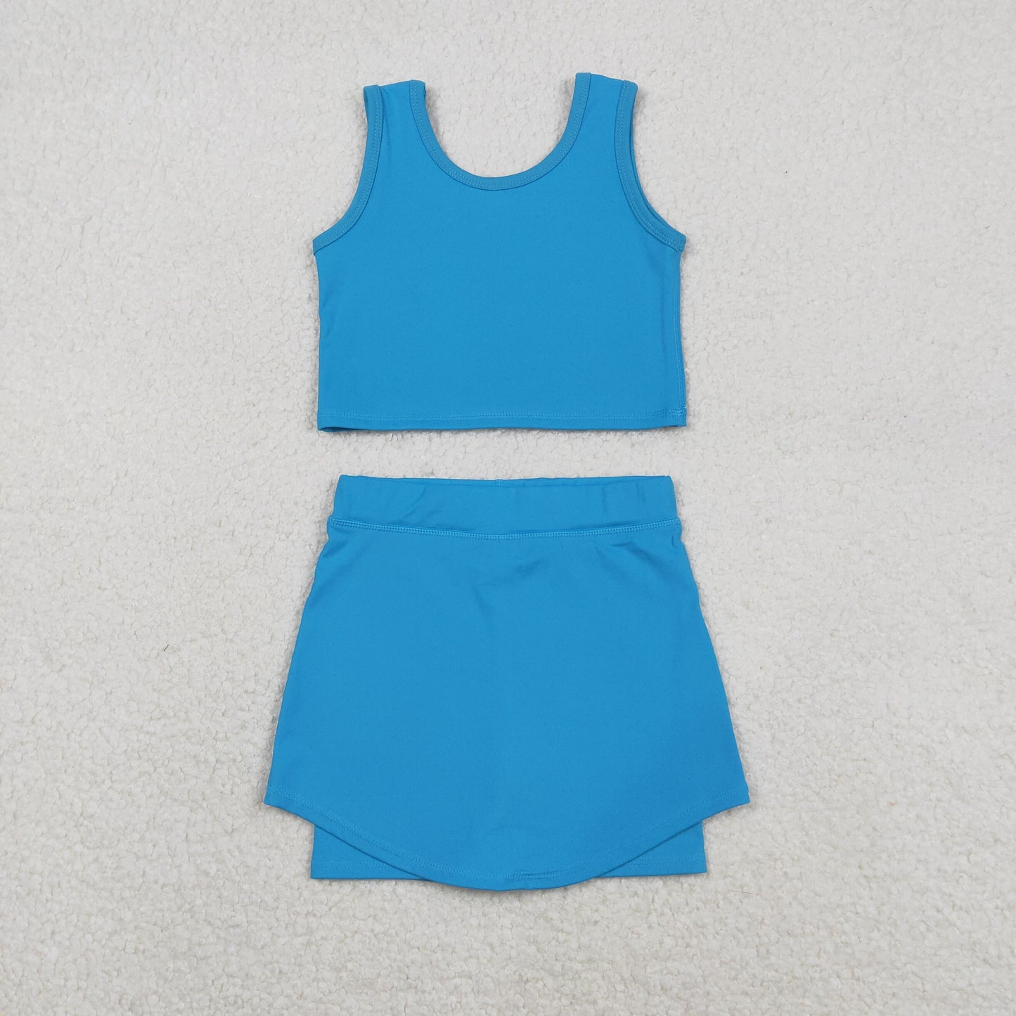 RTS NO MOQ Sibling baby girl clothes Solid Blue Sleeveless Midi Skirt Yoga Sets