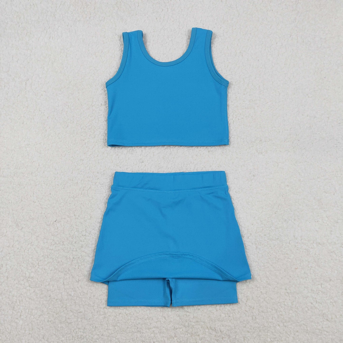RTS NO MOQ Sibling baby girl clothes Solid Blue Sleeveless Midi Skirt Yoga Sets