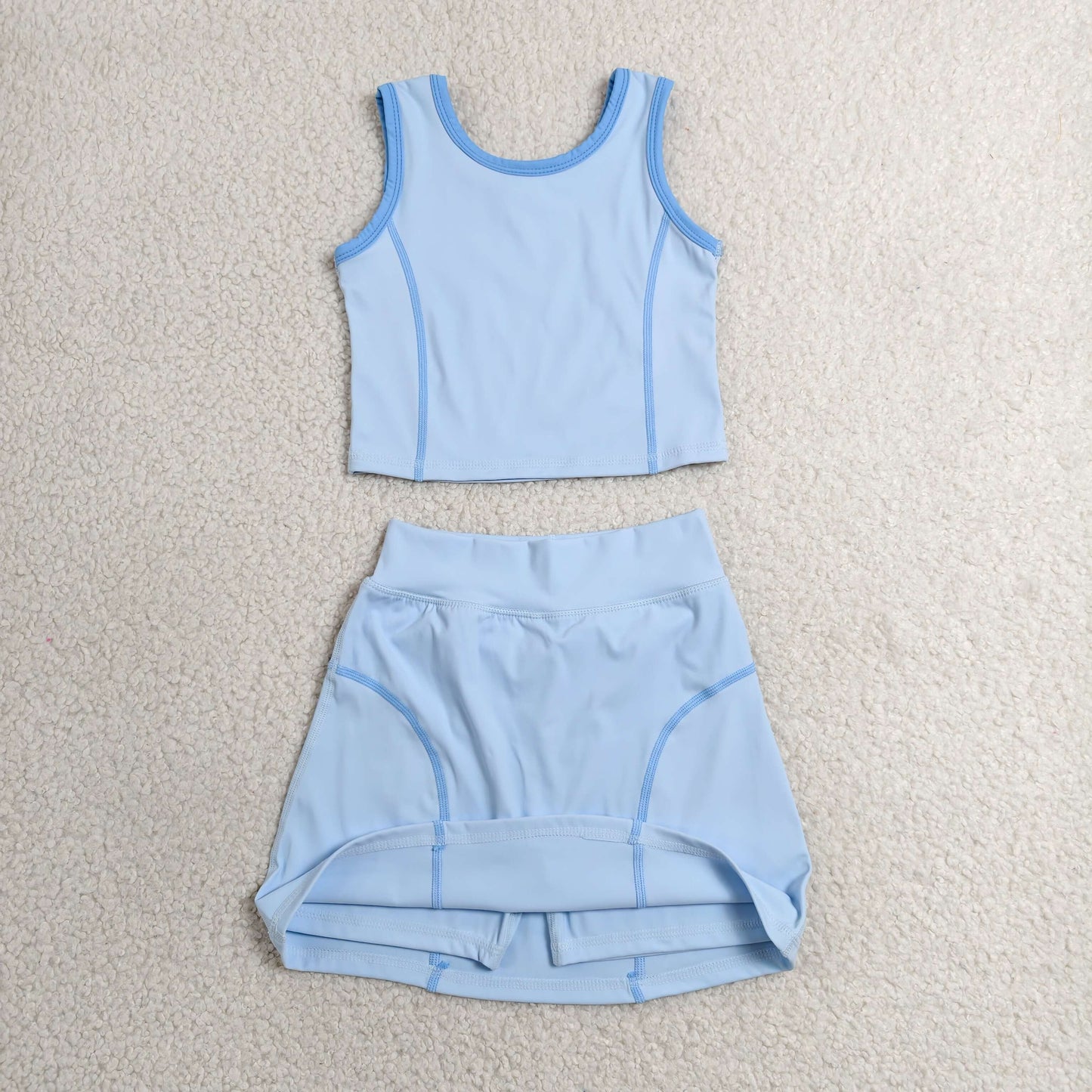 RTS NO MOQ yoga fabric cotton GSD2674 Baby Girls Solid Blue Sleeveless Vest Skirt Yoga Active Set