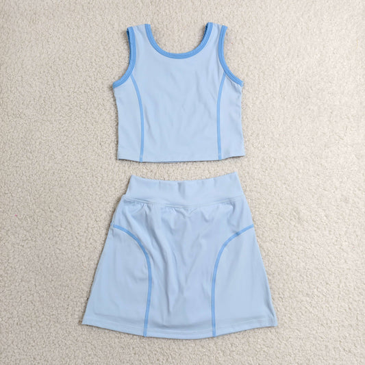 RTS NO MOQ yoga fabric cotton GSD2674 Baby Girls Solid Blue Sleeveless Vest Skirt Yoga Active Set