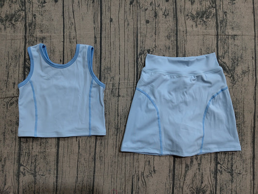 (Pre Order) No moq GSD2674 Toddler Girls Solid Sky Blue Sleeveless Vest Skirt Two Piece Set