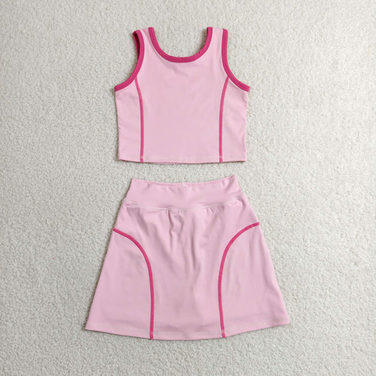 RTS NO MOQ yoga fabric cotton GSD2675 Baby Girls Solid Pink Sleeveless Vest Top Skirts Summer Outfit