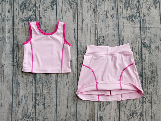(Sample) No moq yoga fabric cotton GSD2675 Yoga Baby Girls Solid Pink Sleeveless Vest Top Skirts Set