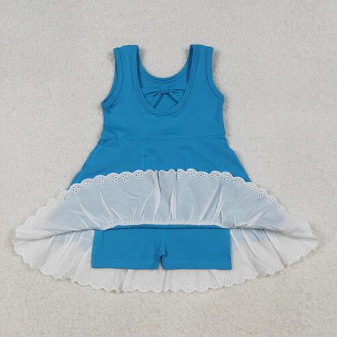 RTS NO MOQ Sibling Baby Girls Sleeveless Flower Bows Yoga Active Shorts Knee-Length Dresses