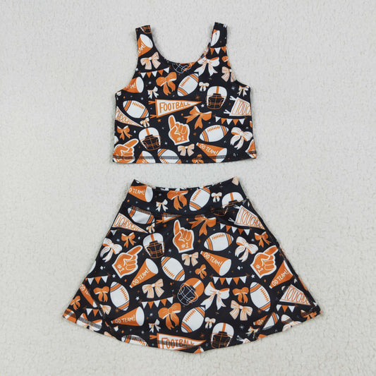 RTS NO MOQ（In Stock ) GSD2687 football flared orange bow pattern sleeveless skirt yoga set