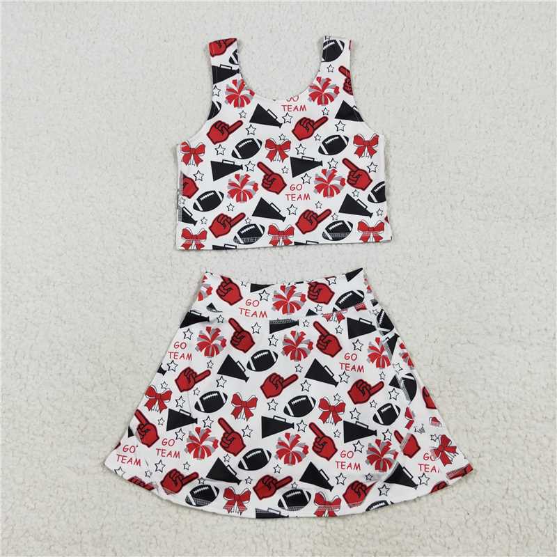 RTS NO MOQ Sibling baby girl clothes team cheer skirt yoga sets and shorts sets