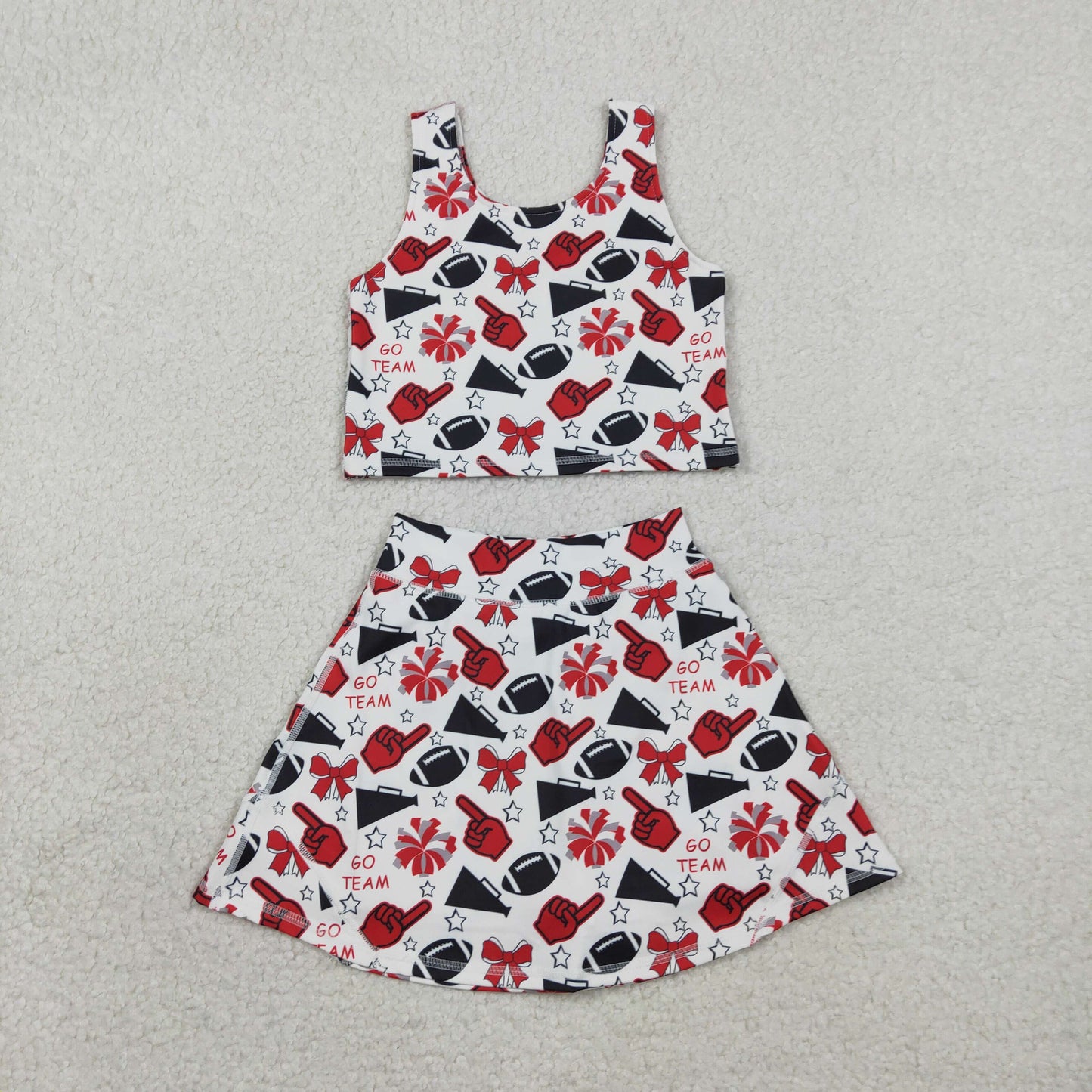 RTS NO MOQ GSD2693 Baby Girls Team Red Football Bows Yoga Sets Vest Top Short Skirts Outfit for Little Girls