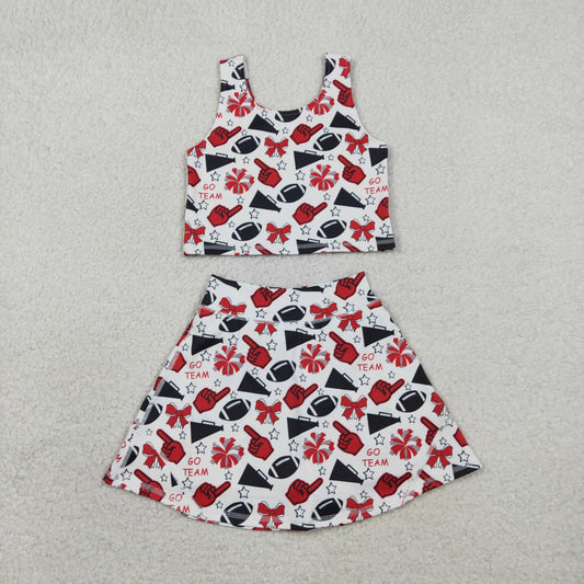 RTS NO MOQ GSD2693 Baby Girls Team Red Football Bows Yoga Sets Vest Top Short Skirts Outfit for Little Girls