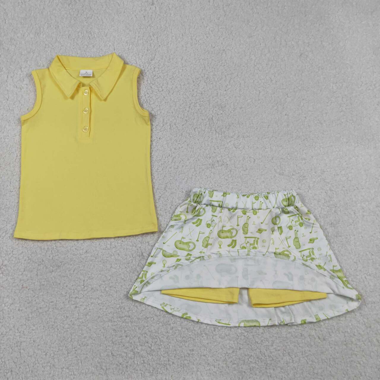 RTS NO MOQ milk silk GSD2698 Baby Girls Summer Yellow Button Waistcoat Golf Style Pocket Skirt Two Piece Set
