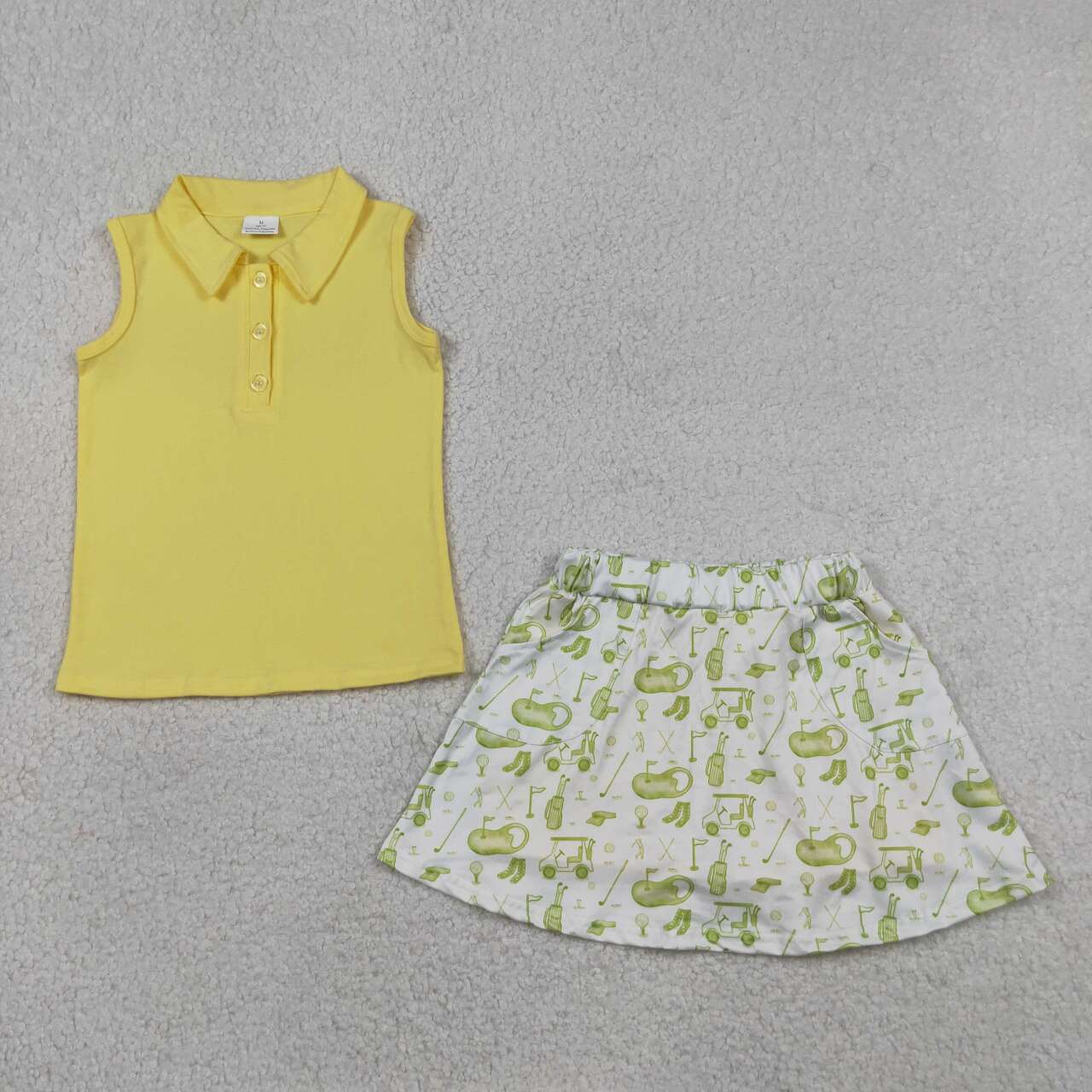 RTS NO MOQ milk silk GSD2698 Baby Girls Summer Yellow Button Waistcoat Golf Style Pocket Skirt Two Piece Set