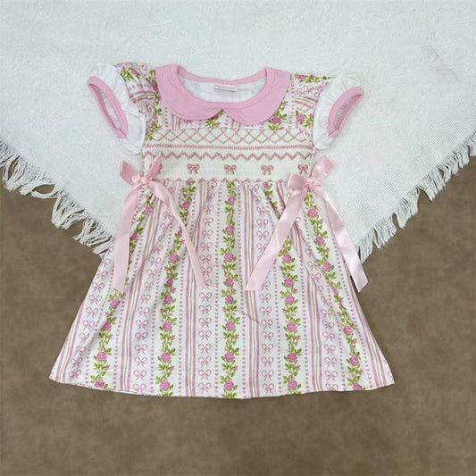 RTS NO MOQ（In Stock）GSD2717 Embroidered pink baby doll collar short-sleeved dress with a bow pattern and floral pattern