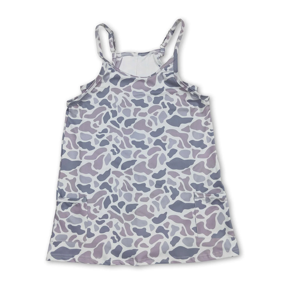 RTS NO MOQ Sibling milk silk Adult To Match Kids Strap Light Gray Camo Shorts Inside Pockets Yoga Dresses