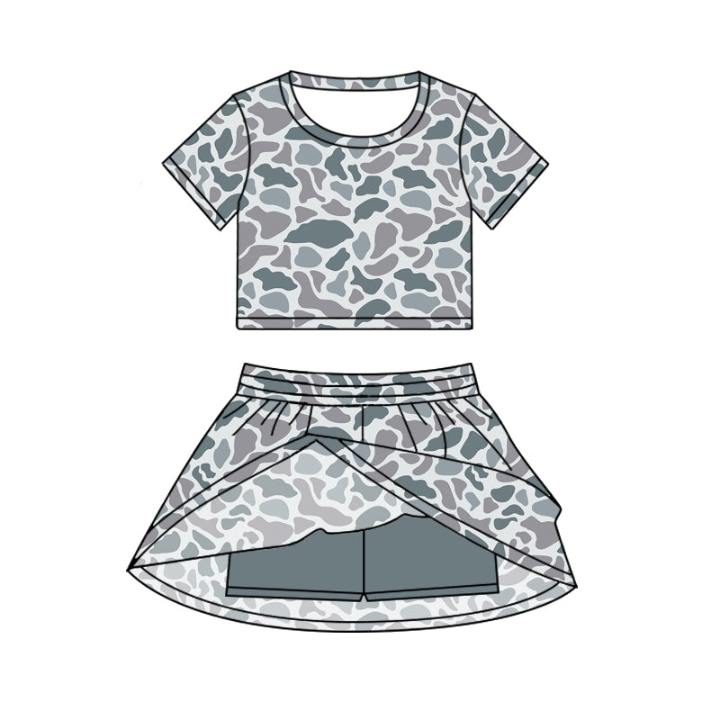 (Pre Order) No moq GSD2724 Baby Girls Gray Camo Print Short Sleeve Top Elastic Waist Skort Two Piece Casual Clothes Set