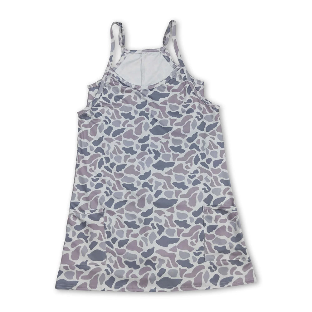 RTS NO MOQ Sibling milk silk Adult To Match Kids Strap Light Gray Camo Shorts Inside Pockets Yoga Dresses