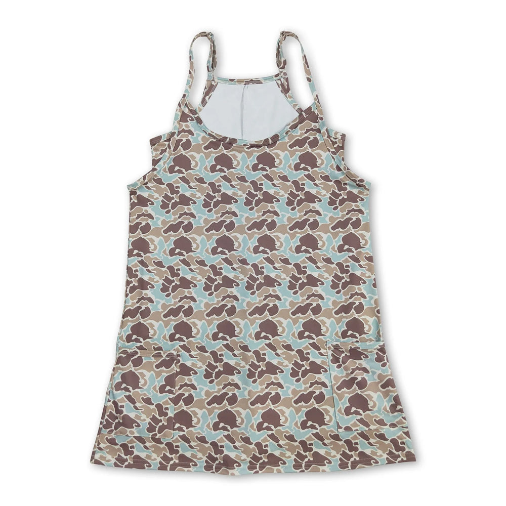 RTS NO MOQ Sibling yoga fabric Adult Women Camo Print Strap Yoga Dress Shorts Built In Liner With Pockets