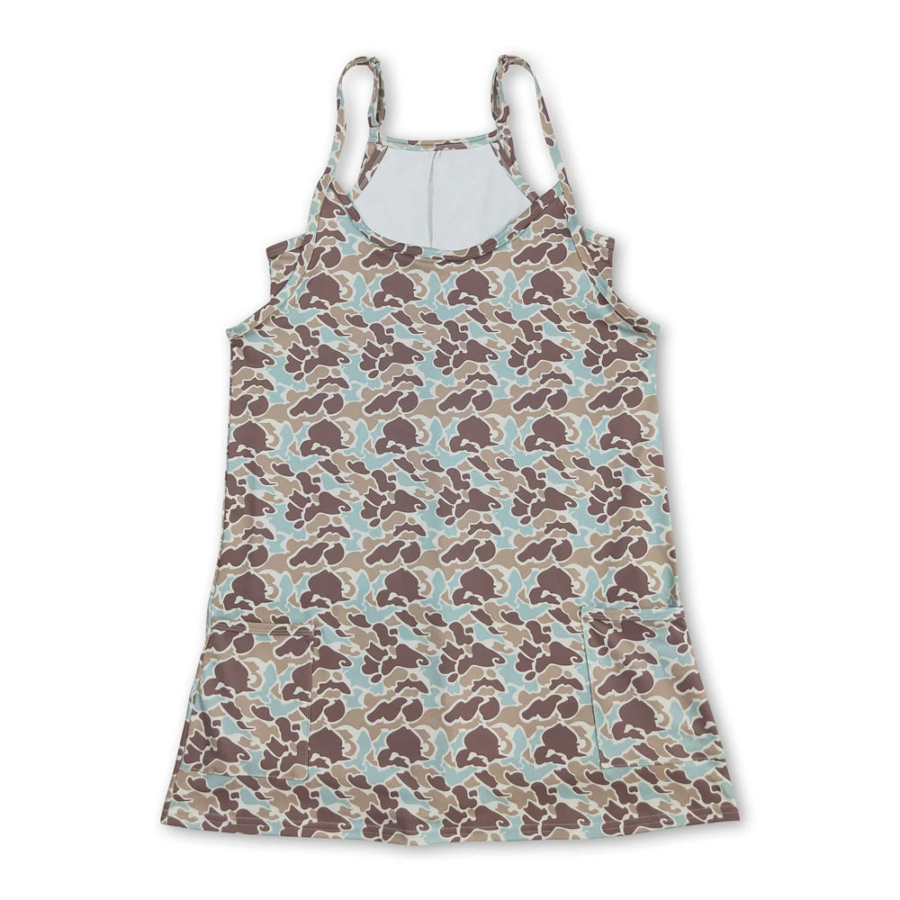 RTS NO MOQ Sibling yoga fabric Adult Women Camo Strap Yoga Dress Side Pockets Built In Shorts