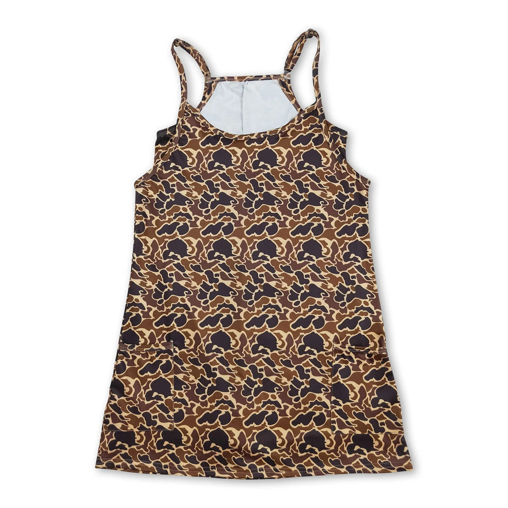 RTS NO MOQ Sibling yoga fabric Adult Women Camo Strap Yoga Dress Side Pockets Built In Shorts