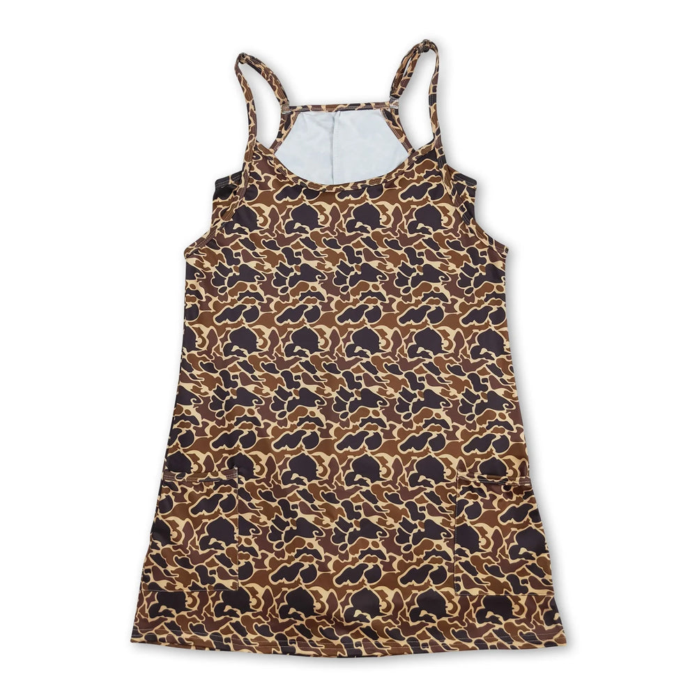 RTS NO MOQ Sibling yoga fabric Adult Women Camo Print Strap Yoga Dress Shorts Built In Liner With Pockets