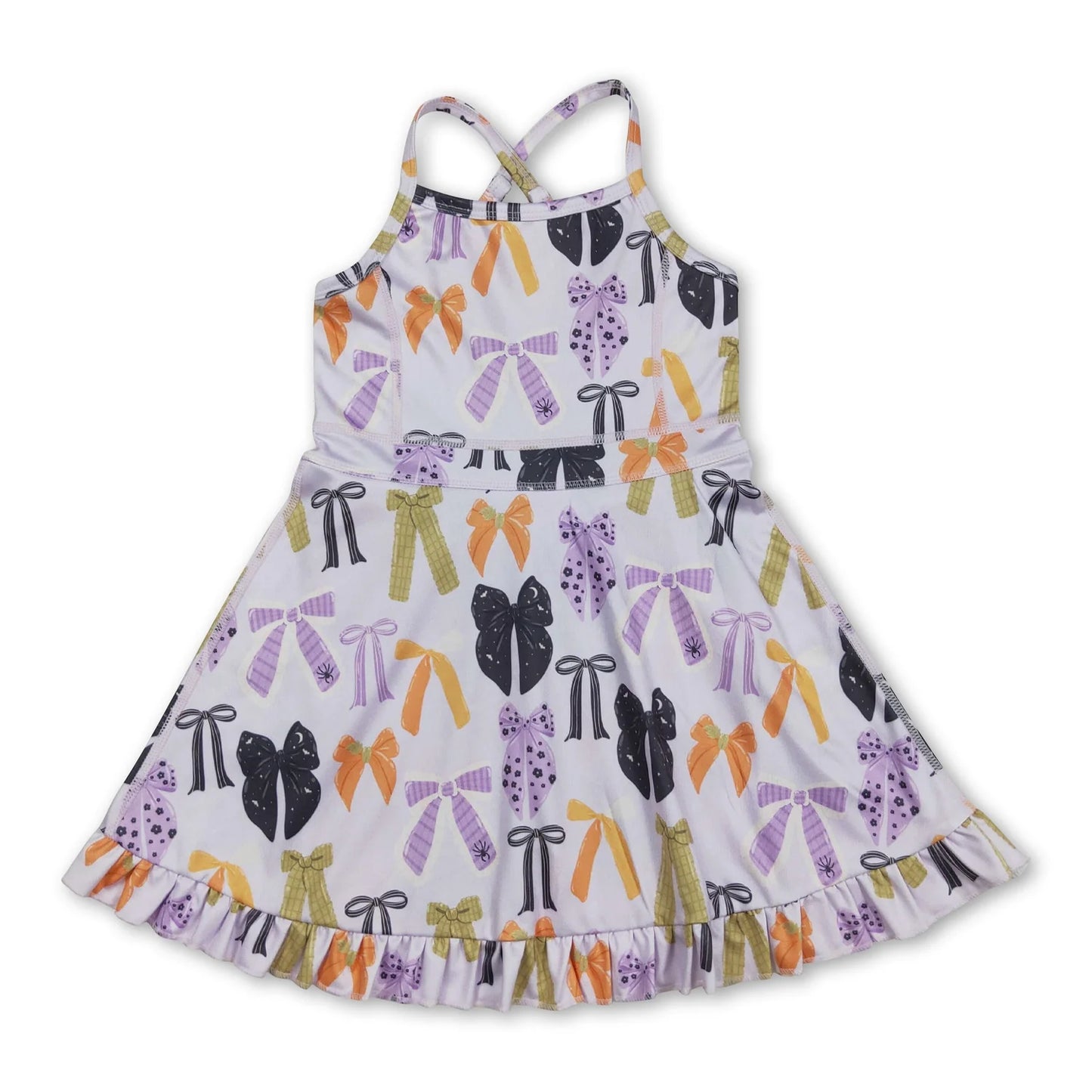 RTS NO MOQ Sibling yoga fabric Baby Girls Colorful Bow Sleeveless Strap Ruffle Yoga Dresses