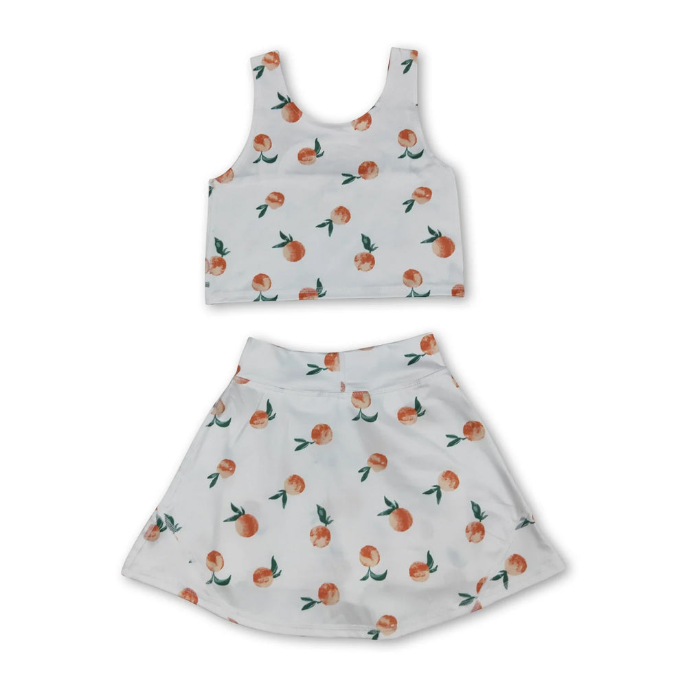RTS NO MOQ Sibling milk silk Baby Girls Cute Peach Fruit Print Spaghetti Straps Top And Elastic Waist Shorts Set Rompers