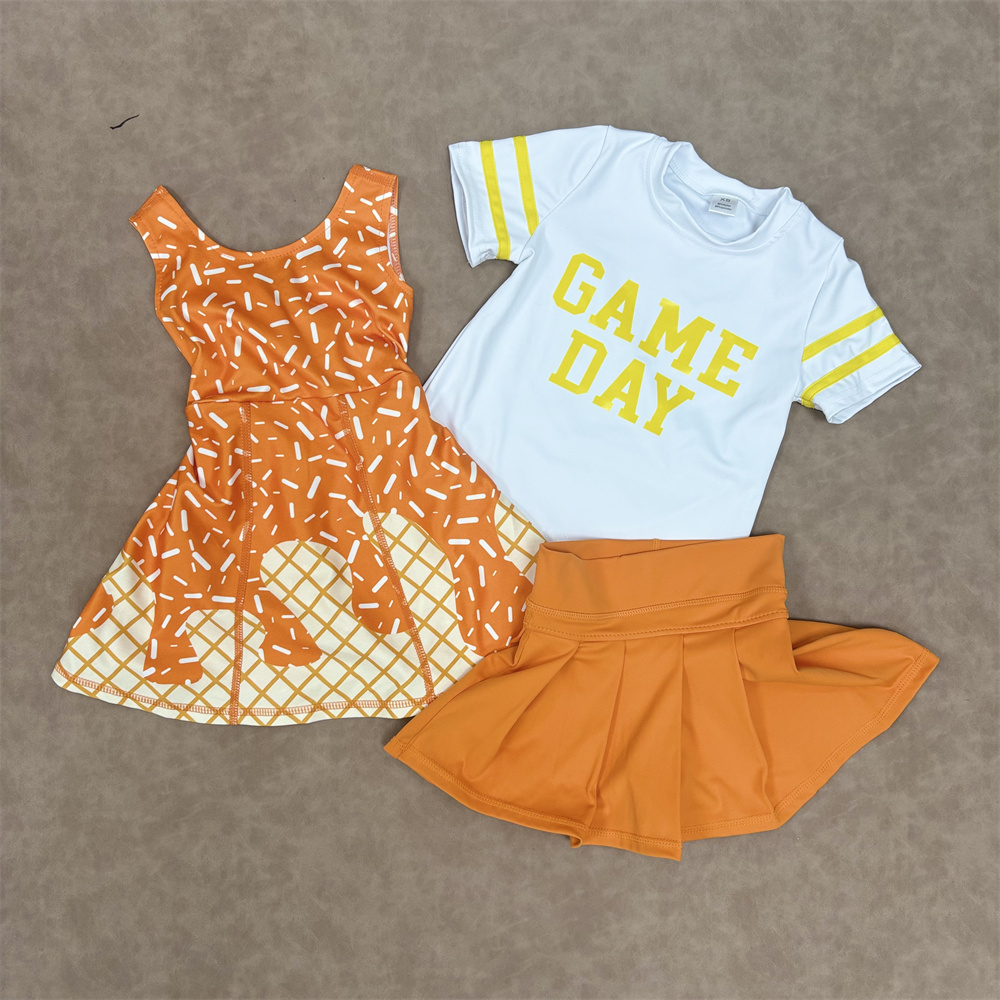 RTS NO MOQ Sibling baby girls clothes Game Day short-sleeved yoga top skirt set and dress
