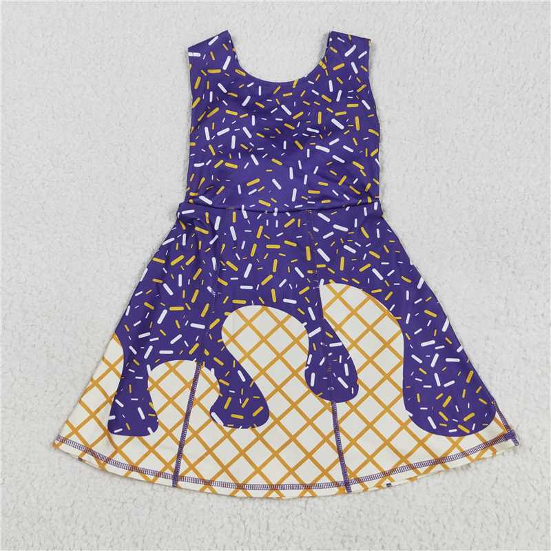 RTS NO MOQ Sibling yoga fabric Baby Girls Purple Sleeveless Shorts Team Yoga Active Knee Length Dresses