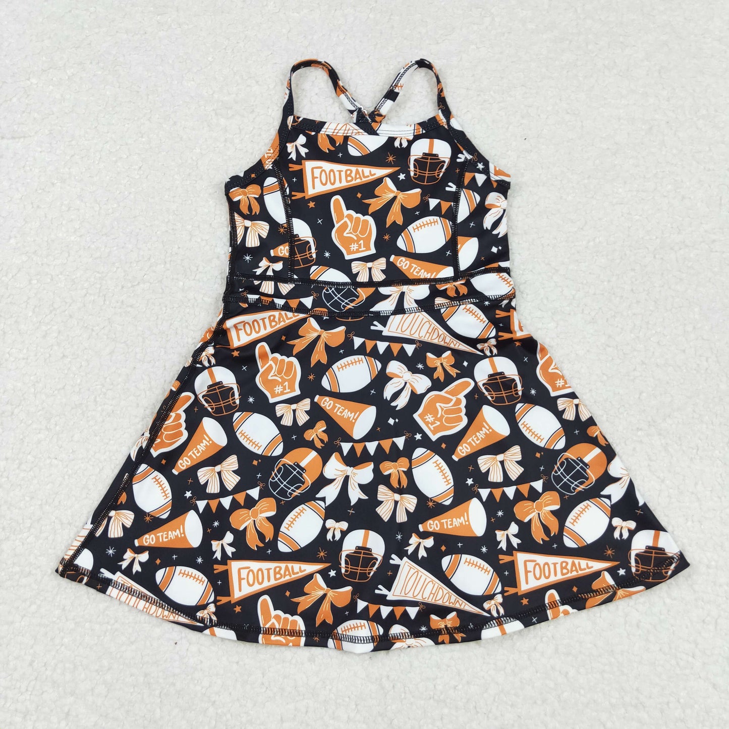 RTS NO MOQ Sibling Baby Girls Knee-Length Dress with Strap Bows And Footballs Active Yoga Shorts Teamwear