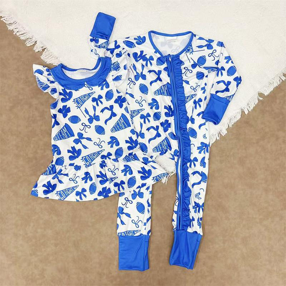 RTS NO MOQ Sibling baby girl clothes team cheer bow flying sleeve dress and romper