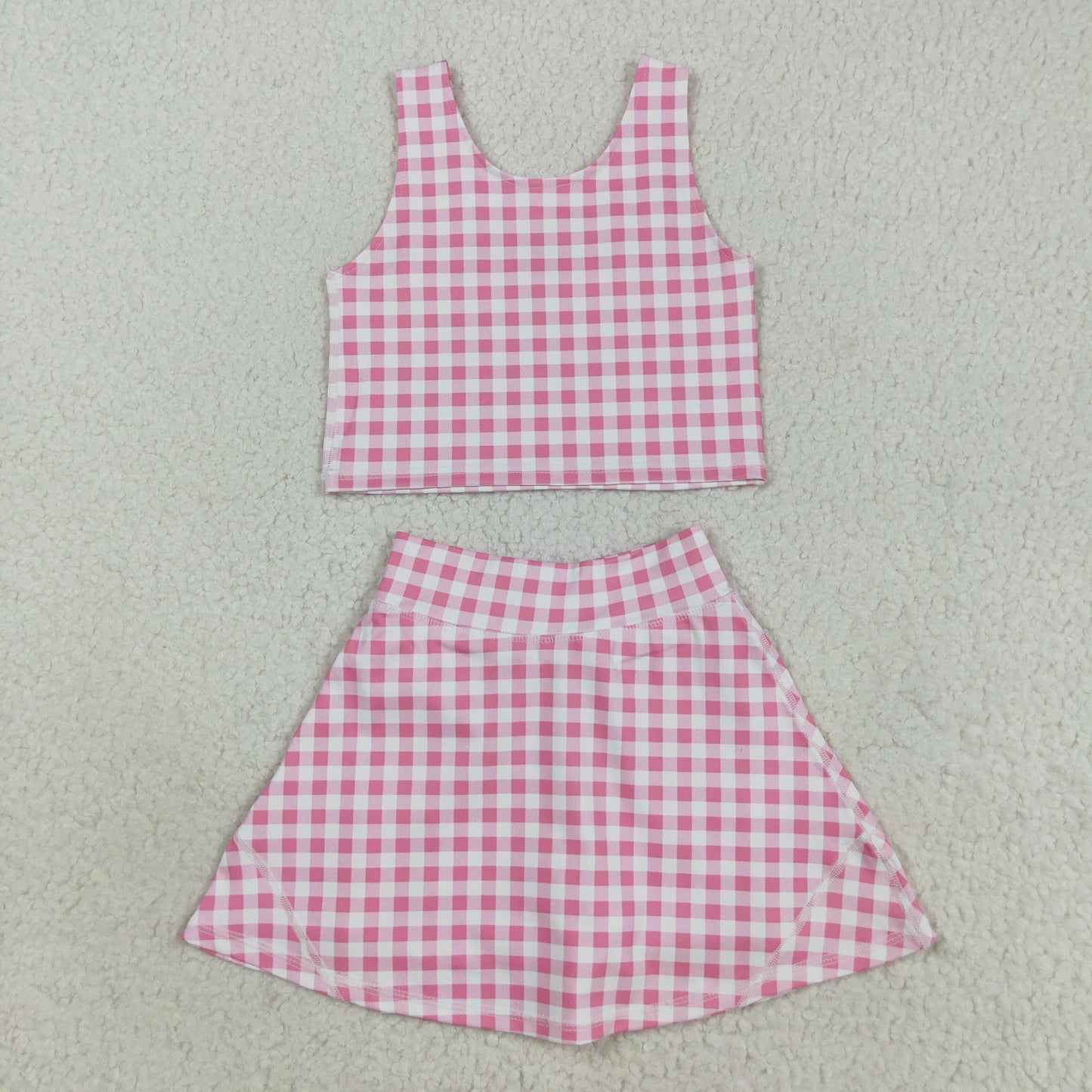 RTS NO MOQ（In Stock) GSD2786 Pink and white plaid sleeveless culottes yoga set