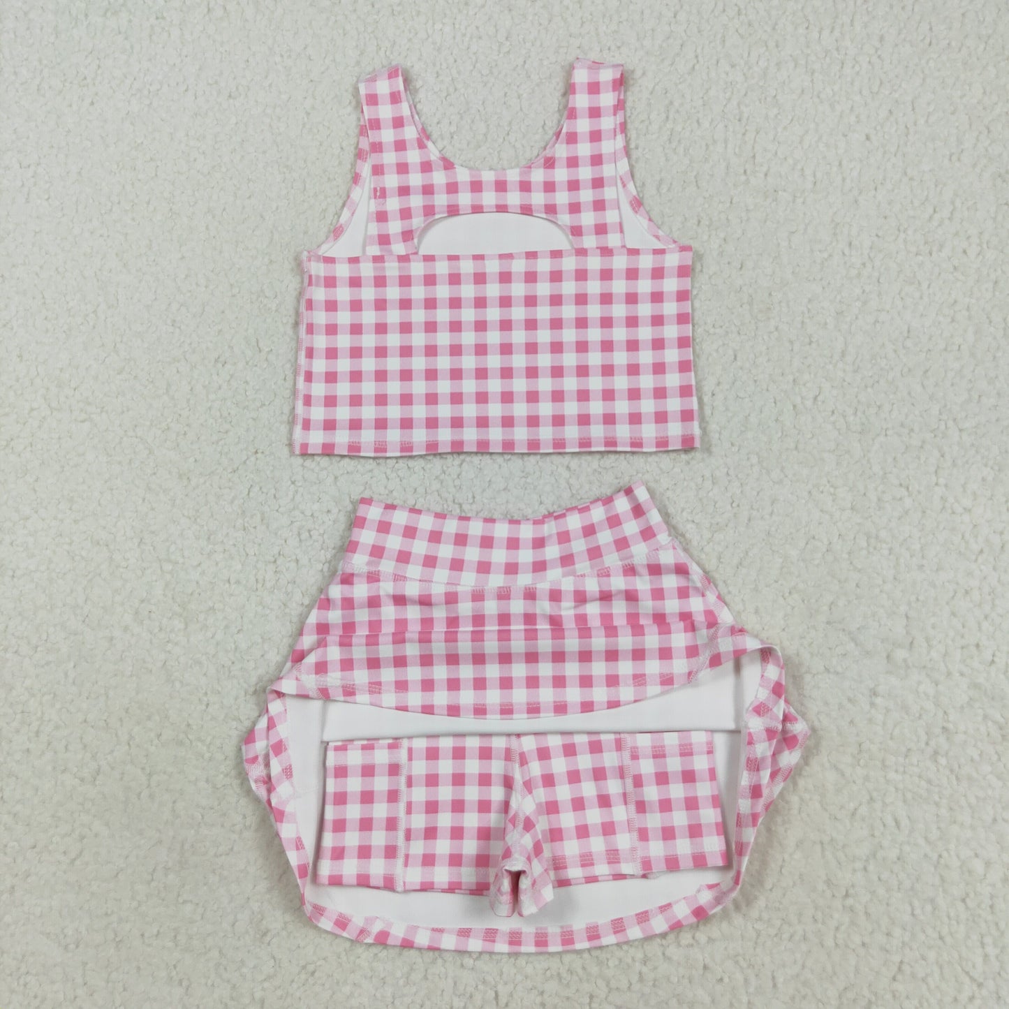 RTS NO MOQ（In Stock) GSD2786 Pink and white plaid sleeveless culottes yoga set
