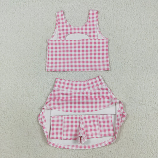 RTS NO MOQ（In Stock) GSD2786 Pink and white plaid sleeveless culottes yoga set