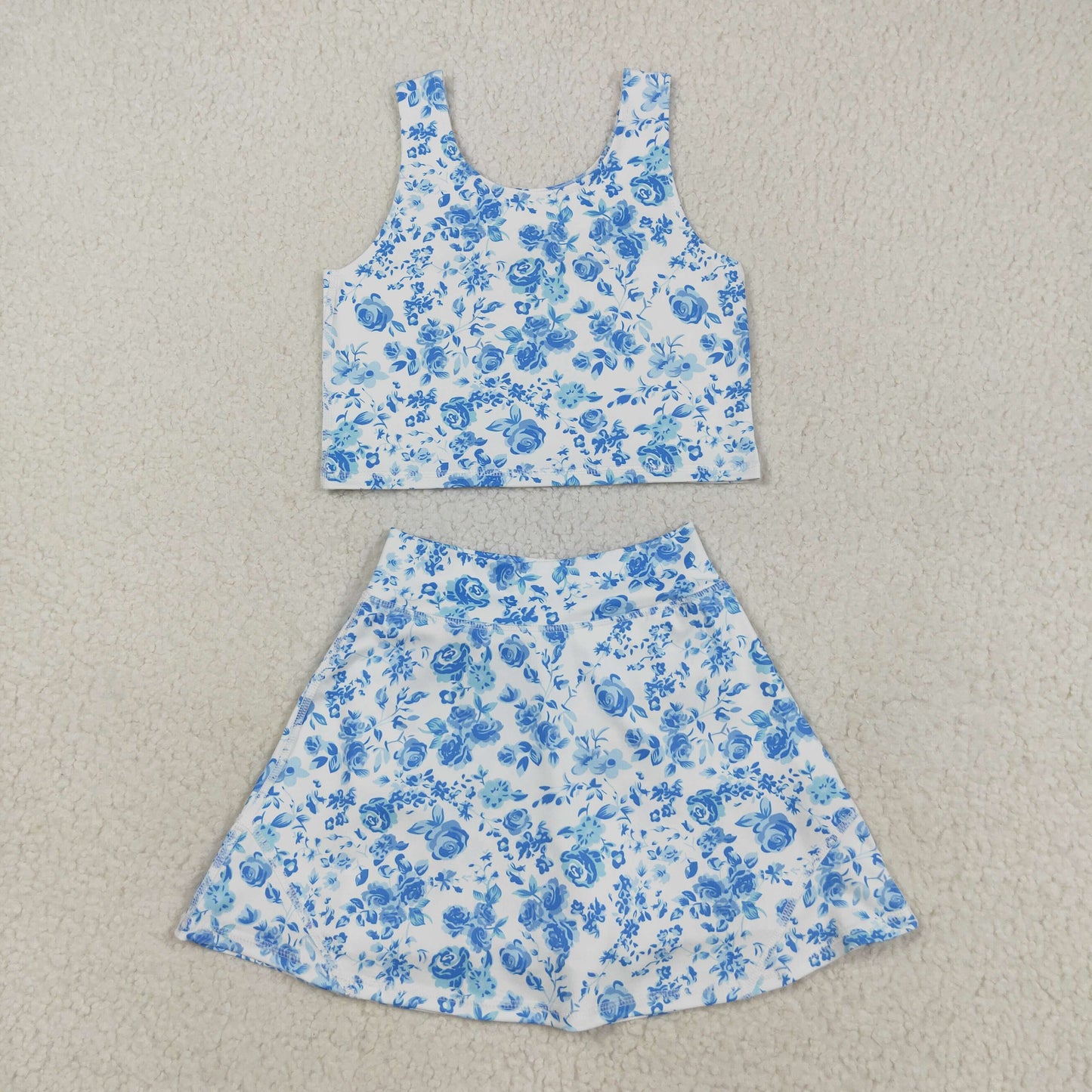 RTS NO MOQ Sibling yoga fabric Baby Girls Flower Print Sleeveless Vest Skort Yoga Summer Clothes Set